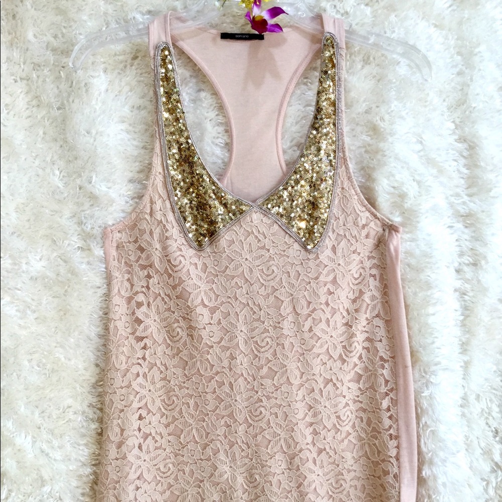 Soprano gold sequins lace tuxedo tank top